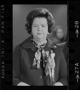 Rep. Louise Day Hicks speaking at Logan Airport prior to her departure for Vietnam