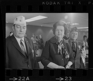 Rep. Louise Day Hicks speaking at Logan Airport prior to her departure for Vietnam