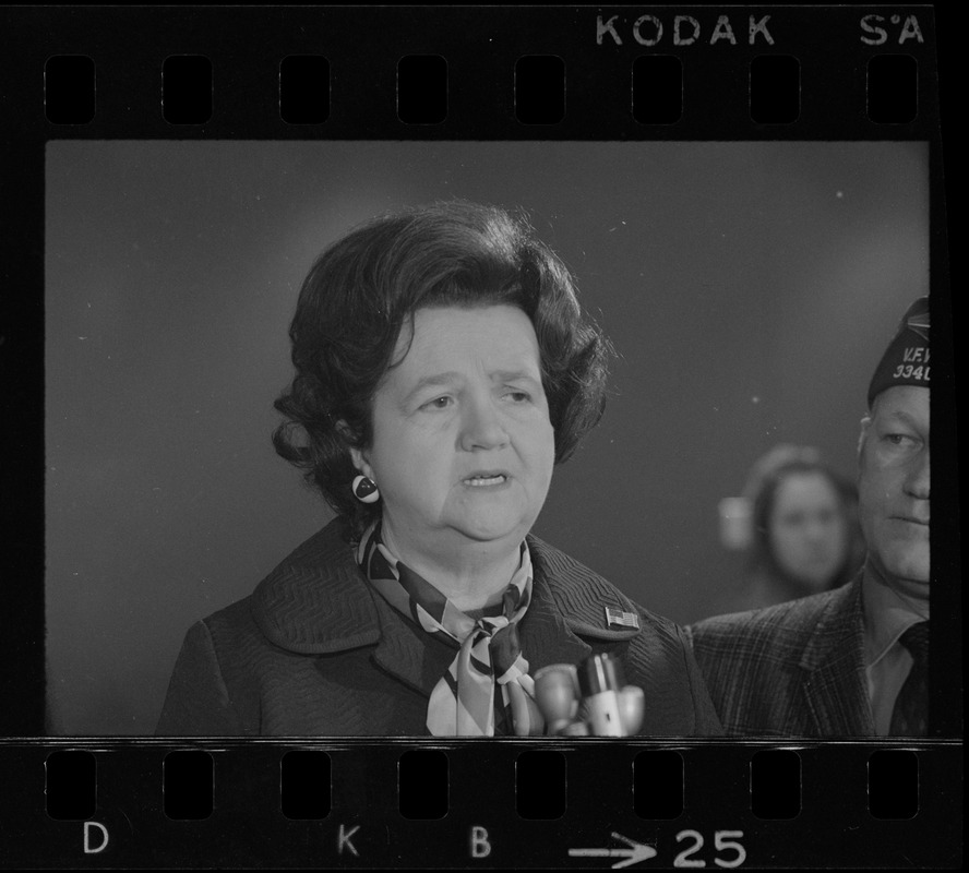 Rep. Louise Day Hicks speaking at Logan Airport prior to her departure for Vietnam