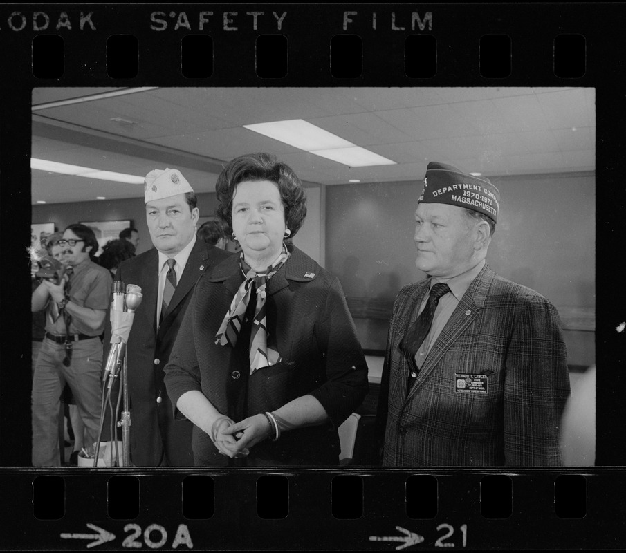 Rep. Louise Day Hicks speaking at Logan Airport prior to her departure for Vietnam