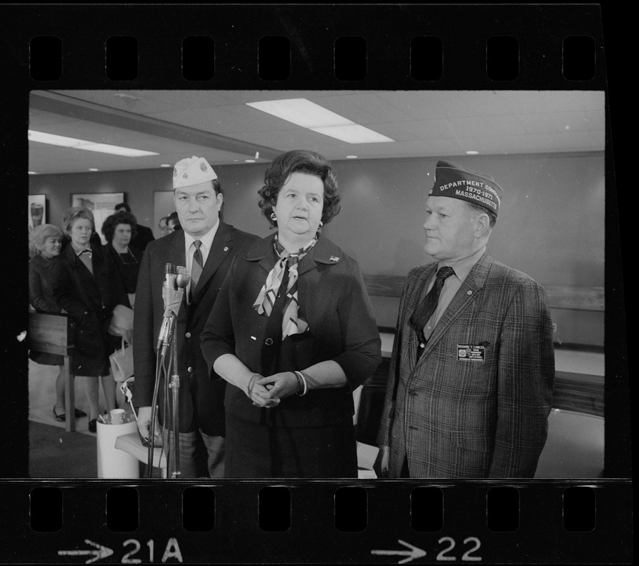 Rep. Louise Day Hicks speaking at Logan Airport prior to her departure for Vietnam