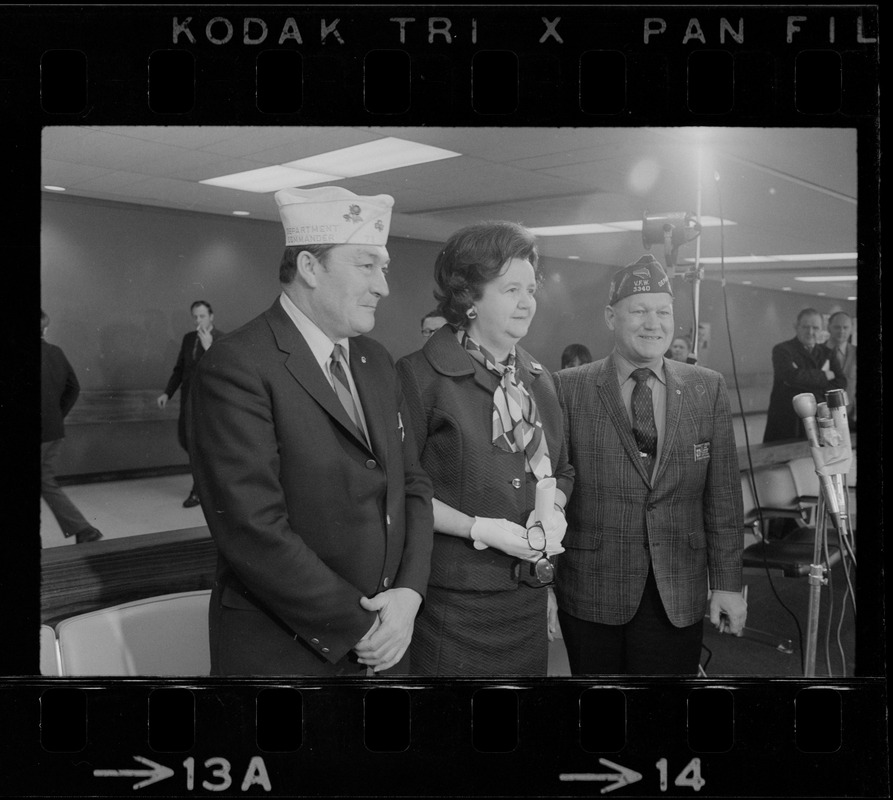 Rep. Louise Day Hicks speaking at Logan Airport prior to her departure for Vietnam