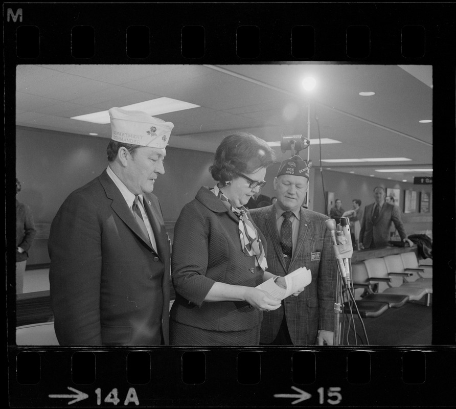 Rep. Louise Day Hicks speaking at Logan Airport prior to her departure for Vietnam