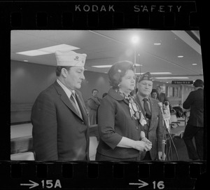 Rep. Louise Day Hicks speaking at Logan Airport prior to her departure for Vietnam