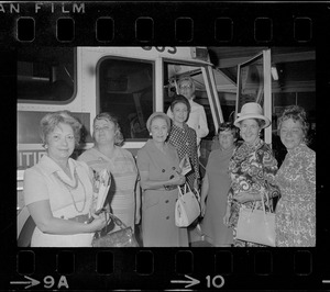 Society editors attending a meeting in Boston of the Society of American Social Scribes board a Bonanza bus for a tour to Newport, R.I.