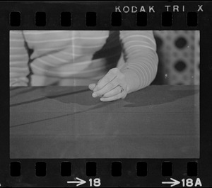 View of Mrs. Paul Getchell's hands while she sits on a panel to solicit public support for massive letter writing campaign asking for release of POW's held by North Vietnam