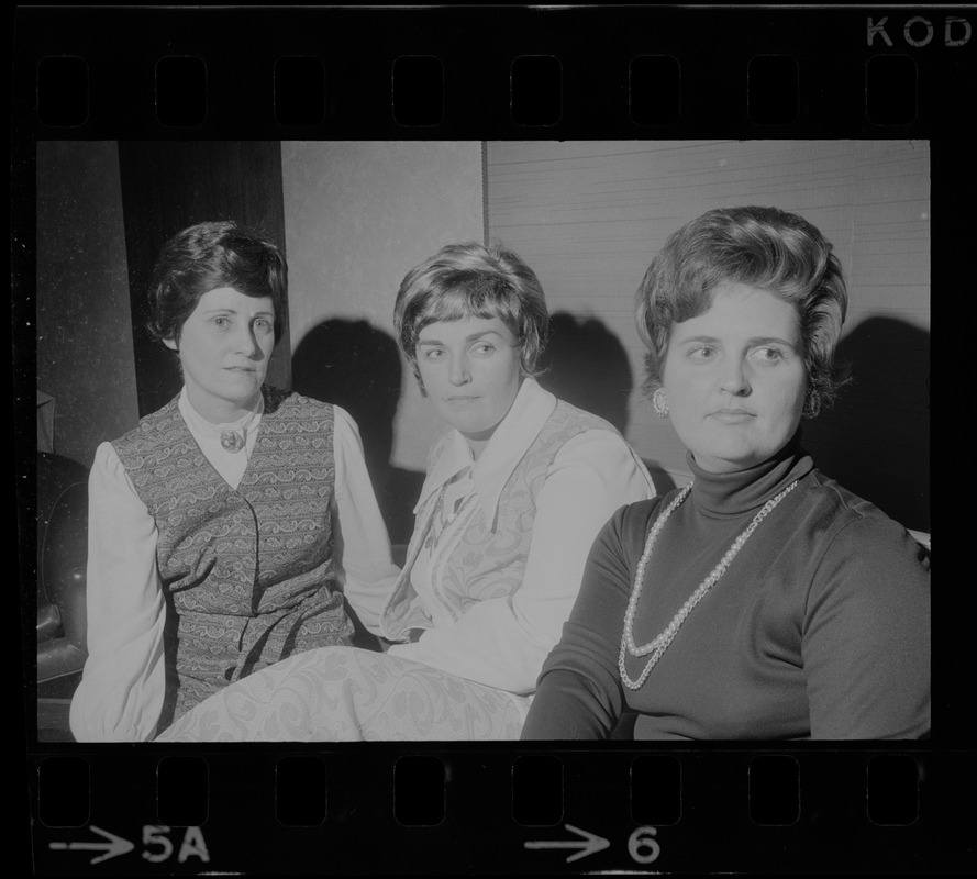 Expressing confidence in planned letter-writing campaign to insure humane treatment by North Vietnam for their husbands, believed to be POWs are (l. to r.) Mrs. Theresa Getchell of Buzzards Bay, Mrs. Maureen Dunn of Randolph and Mrs. Margaret Lengyel of Peabody