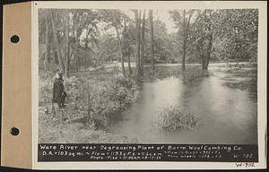 Ware River, near degreasing plant, Barre Wool Combing Co., drainage area = 103 square miles, flow = 1193 cubic feet per second = 11.6 cubic feet per second per square mile, flow in river 935 cubic feet per second, through wheels 258 cubic feet per second, Barre, Mass., 11:00 AM, Sep. 17, 1933