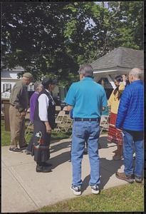 Members of the Mohican Nation at Kilbon Memorial Fountain Re-Dedication talking with Garth and Karen Story