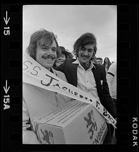 Harvard raft race winners with beer prize, Cambridge