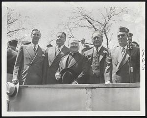 Tobin Reviews Parade – Secretary of Labor Maurice Tobin (left) was one of five dignitaries who stood in reviewing stand during Loyalty Day Parade in New York. Left to right, Tobin, who was grand marshal of the parade; Secretary of the Interior Julius Krug; Francis Cardinal Spellman; Charles Silvers, chairman of the citizens’ committee for the parade; and Mayor William O’Dwyer.