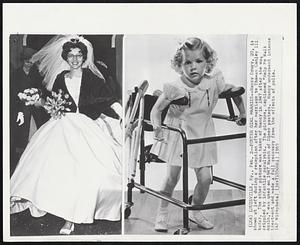 Poster Girl Marries -- Nancy Drury, 20, is shown at left during a reception after her marriage to Thomas Conley III today. The other picture was taken of Nancy in 1947 after she was crippled by infantile paralysis. The picture, captioned "Help Me Walk Again," was used on 1947 March of Dimes posters. Nancy underwent intense treatment and made a full recovery from the effects of polio.