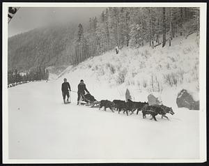 Mushing up Mile-high Mountain, Charles Martin, veteran of dog sled driving in the Adirondacks is shown with Walter J. Weeks, another mountain climber of long experience, and the team of huskies with which they and an Associated Press photographer made the long trek up white face mountain through deep snows to the weather observation post. This picture was taken at 3,500 feet elevation as clouds hung low on the pine-covered slopes.