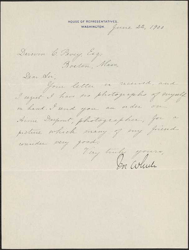 Letter from Joseph Wheeler, Washington, DC, to Darwin C. Pavey, Boston, Mass., 1900 June 22