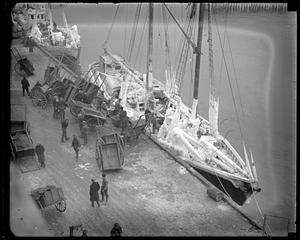 Fishing schooner Gov. Fuller ice clad at Fish Pier