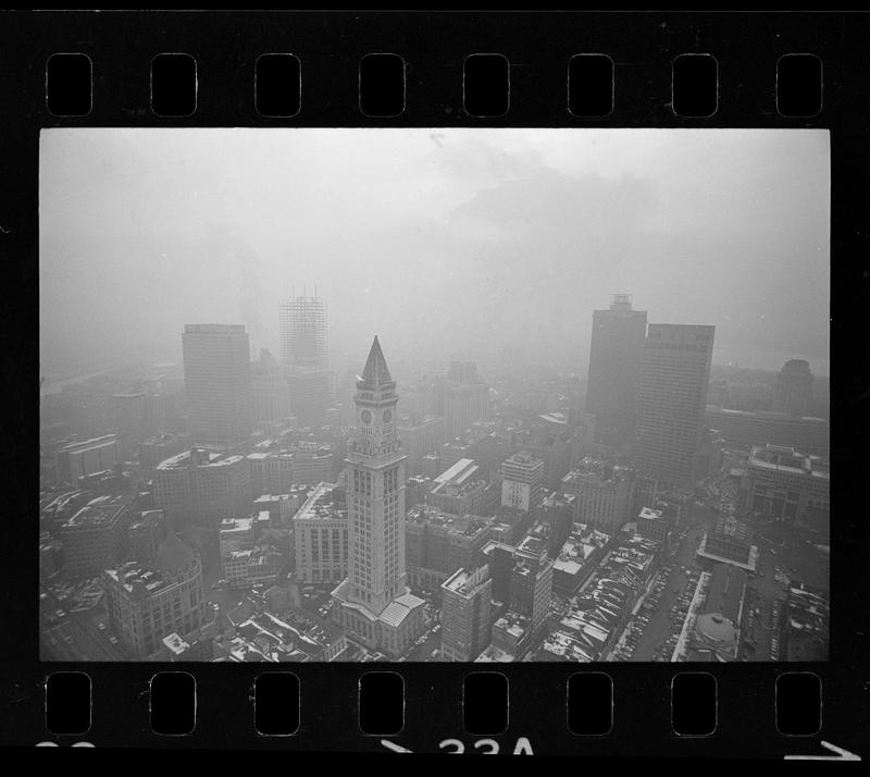Air pollution over Charles River Basin aerial view, downtown Boston