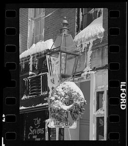Gas lamp on Charles Street, Beacon Hill in winter, downtown Boston