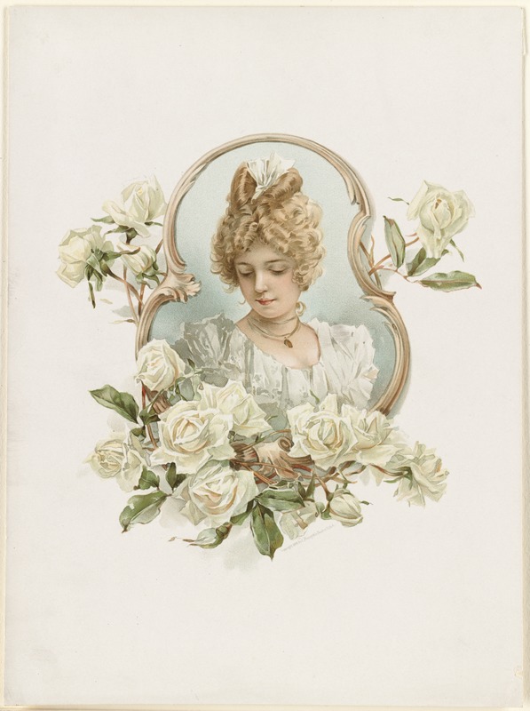 Woman's portrait enframed with white roses