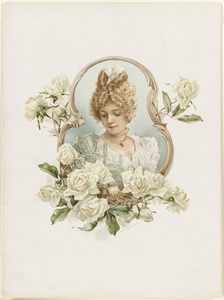 Woman's portrait enframed with white roses