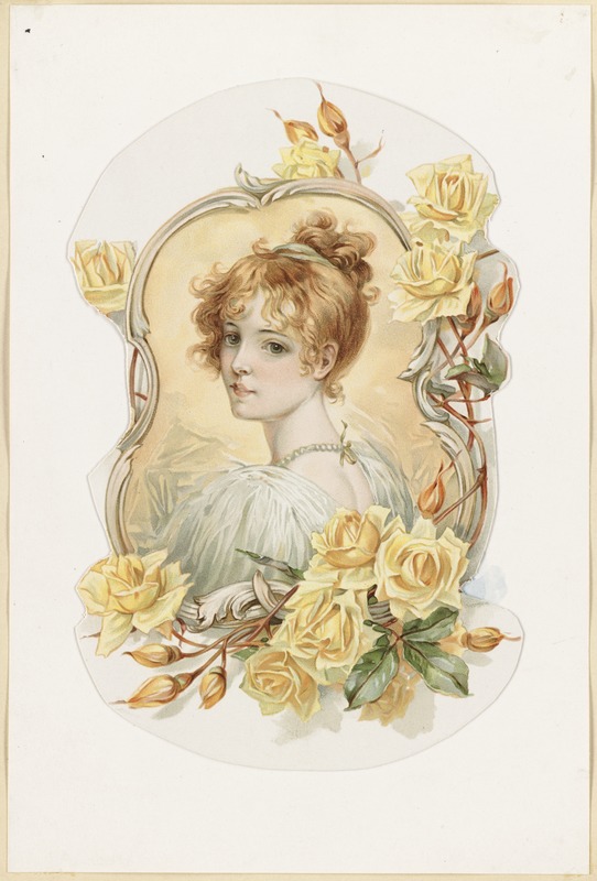 Woman's portrait enframed with yellow roses