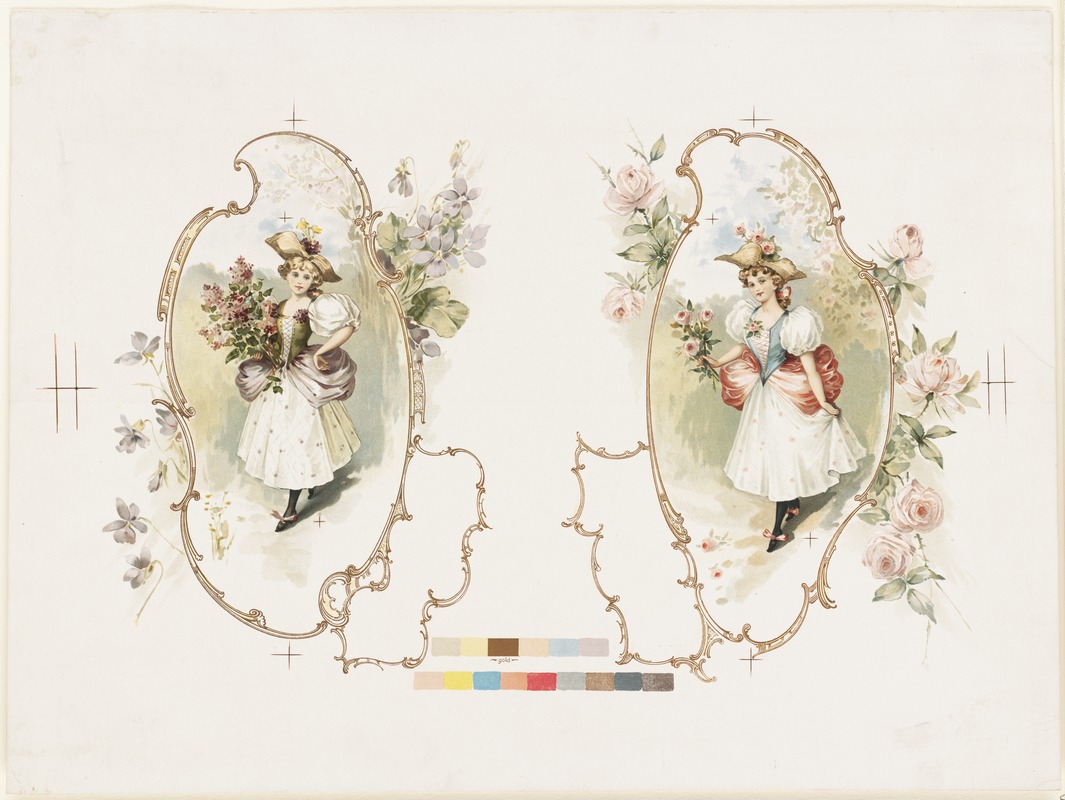 Two women enframed with flowers on one sheet