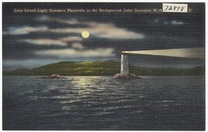 Loon Island Light, Sunapee Mountain in background, Lake Sunapee, N.H.