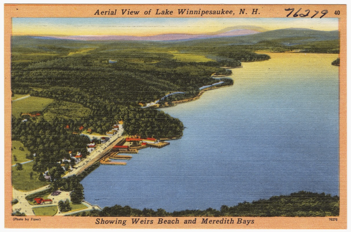 Aerial view of Lake Winnipesaukee, N.H., showing Weirs Beach and Meredith Bays