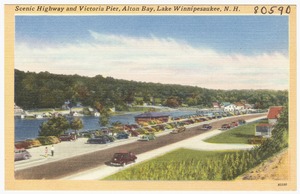 Scenic highway and Victoria Pier, Alton Bay, Lake Winnipesaukee, N.H.