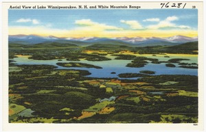 Aerial view of Lake Winnipesaukee, N.H. and White Mountain Range