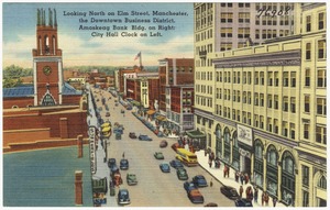 Looking north on Elm Street, Manchester, the Downtown Business District,  Amoskeag Bank Bldg. on right, City Hall Clock on left.