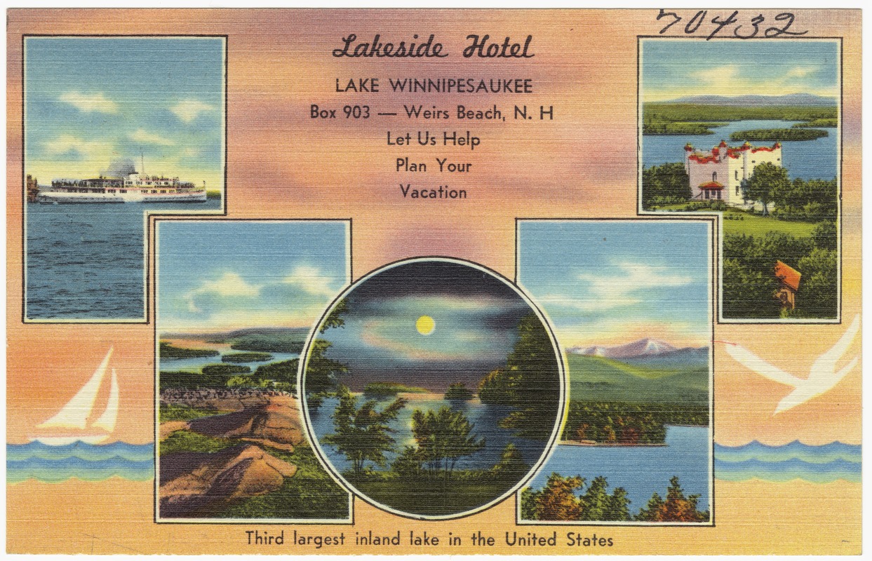 Lakeside Hotel, Lake Winnipesaukee, Box 903 -- Weirs Beach, N.H., let us help plan your vacation.  Third largest inland lake in the United States.