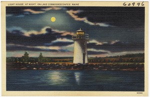 Light House, at night, on lake Cobbosseecontee, Maine