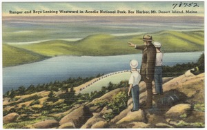 Ranger and boys looking Westward in Acadia National Park, Bar Harbor, Mt., Desert Island, Maine
