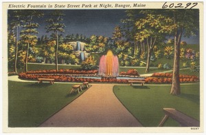 Electric fountain in State Street Park at night, Bangor, Maine