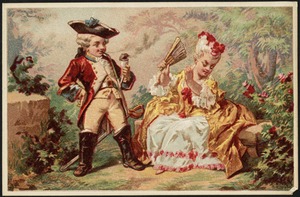 Man and women dressed in French Baroque style, man smoking a pipe, woman holding a fan.