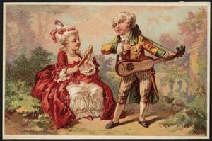 Man and woman dressed in French Baroque style, man playing a stringed instrument, woman holding a fan.