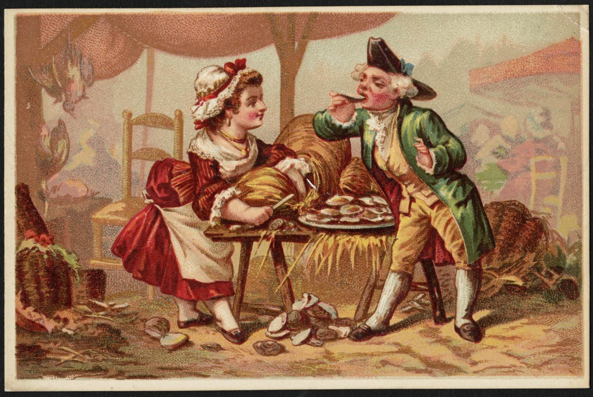 Man and woman dressed in historical costume, man eating oysters.