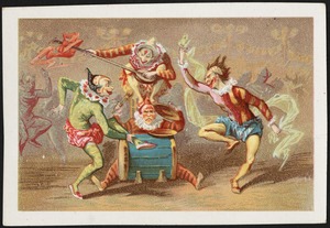 Four clowns - two clowns dancing, one clown playing a drum and cymbals, one clown playing a stringed instrument.