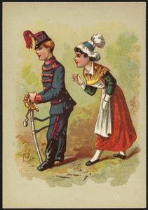 Man and woman in historical costume, man in military costume.