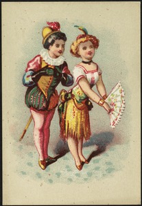 Man and woman dressed in historical costume, woman holding a fan.