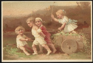 Four children - three pulling a cart, one riding in it.