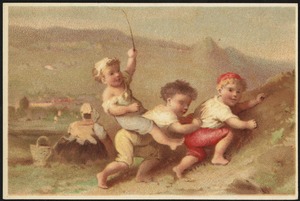 Three children - two climbing a hill, one riding on the back of one of the children.