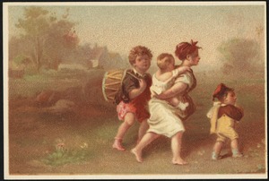 Woman holding a child, walking with man with drum and boy.