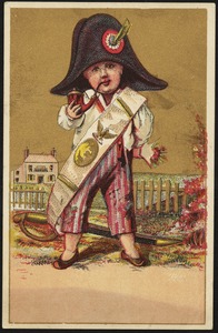 Boy dressed in a French military costume, smoking a pipe