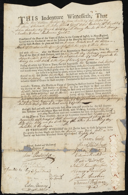 Joshua Roberts indentured to apprentice with William Mack of Boston, 2 February 1786