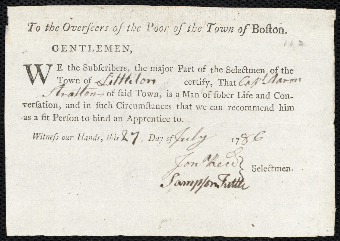 George Hurley indentured to apprentice with Aaron Stratton of Littleton, 28 July 1786