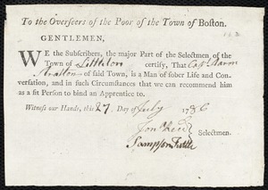 George Hurley indentured to apprentice with Aaron Stratton of Littleton, 28 July 1786