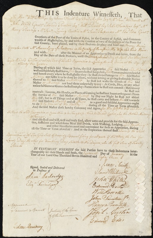 Benony Harris Champlen indentured to apprentice with Aaron Long of Shelburne, 18 January 1787