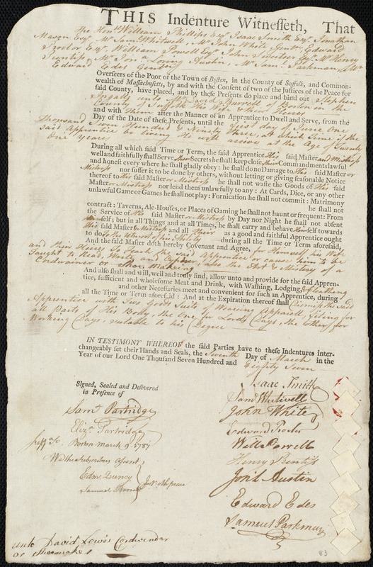 Stephen Ingalls indentured to apprentice with David Burrell of Boston, 7 March 1787