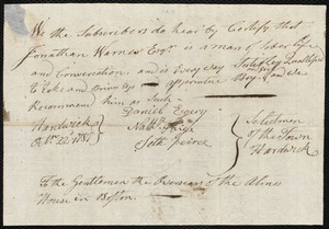 Nancy Hinds indentured to apprentice with Jonathan Warner of Hardwick, 1 November 1787